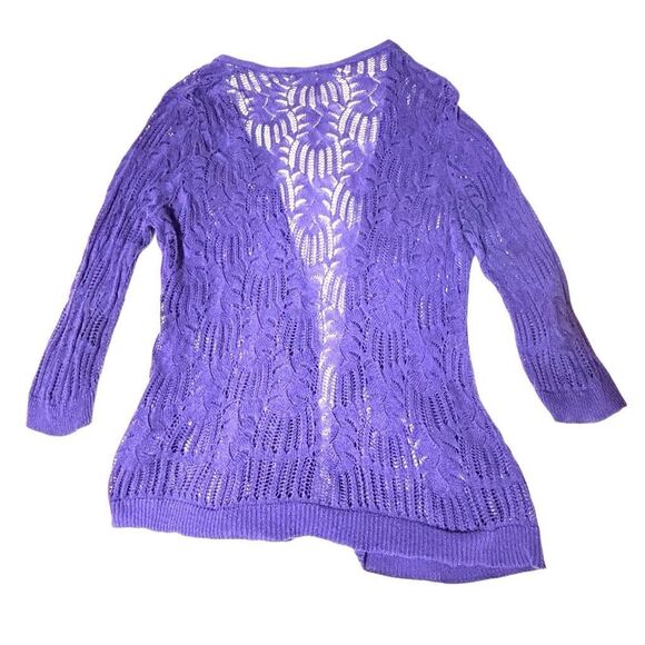 Chico’s purple open stitch lacy look cotton rayon cardigan sweater Chico’s 3 (XL - Picture 3 of 7
